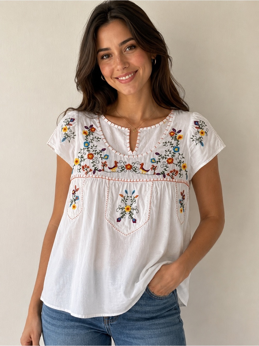 Bila White Top with Bright Orange Hand-Stitch Trim